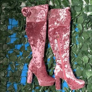 Pink velvet over the knee platform boots